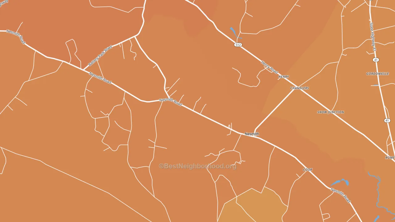 Map of the best neighborhoods in the Nesmith area, with better matches in green and worse matches in red