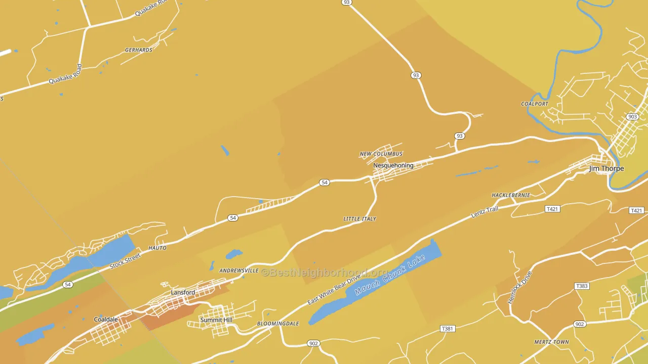 Map of the best neighborhoods in the Nesquehoning area, with better matches in green and worse matches in red