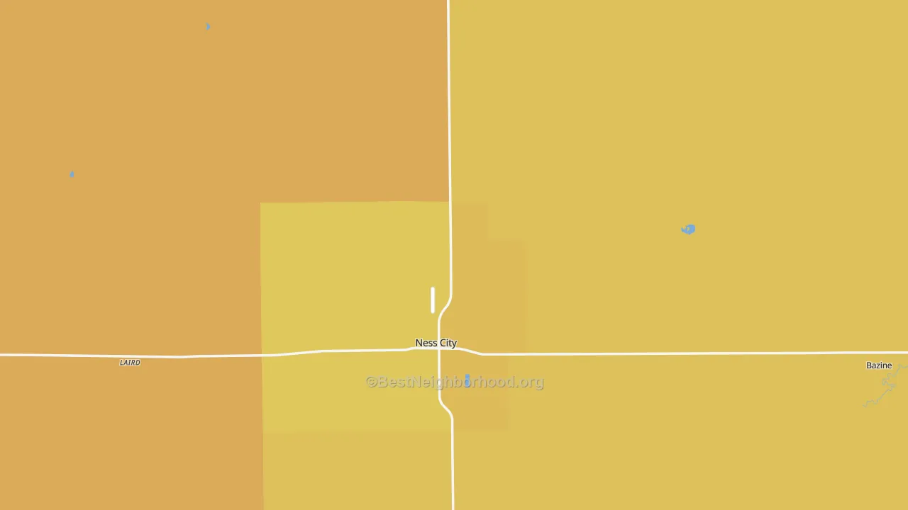 Map of the best neighborhoods in the Ness County area, with better matches in green and worse matches in red
