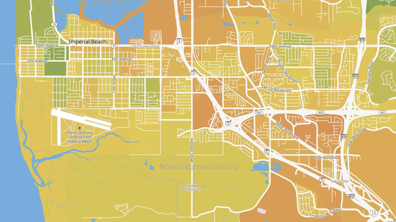 Map of the best neighborhoods in the Nestor, San Diego area, with better matches in green and worse matches in red