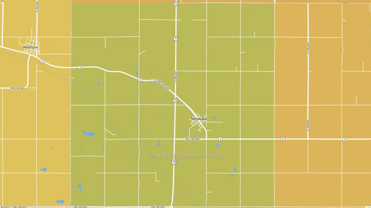 Map of the best neighborhoods in the Netawaka area, with better matches in green and worse matches in red
