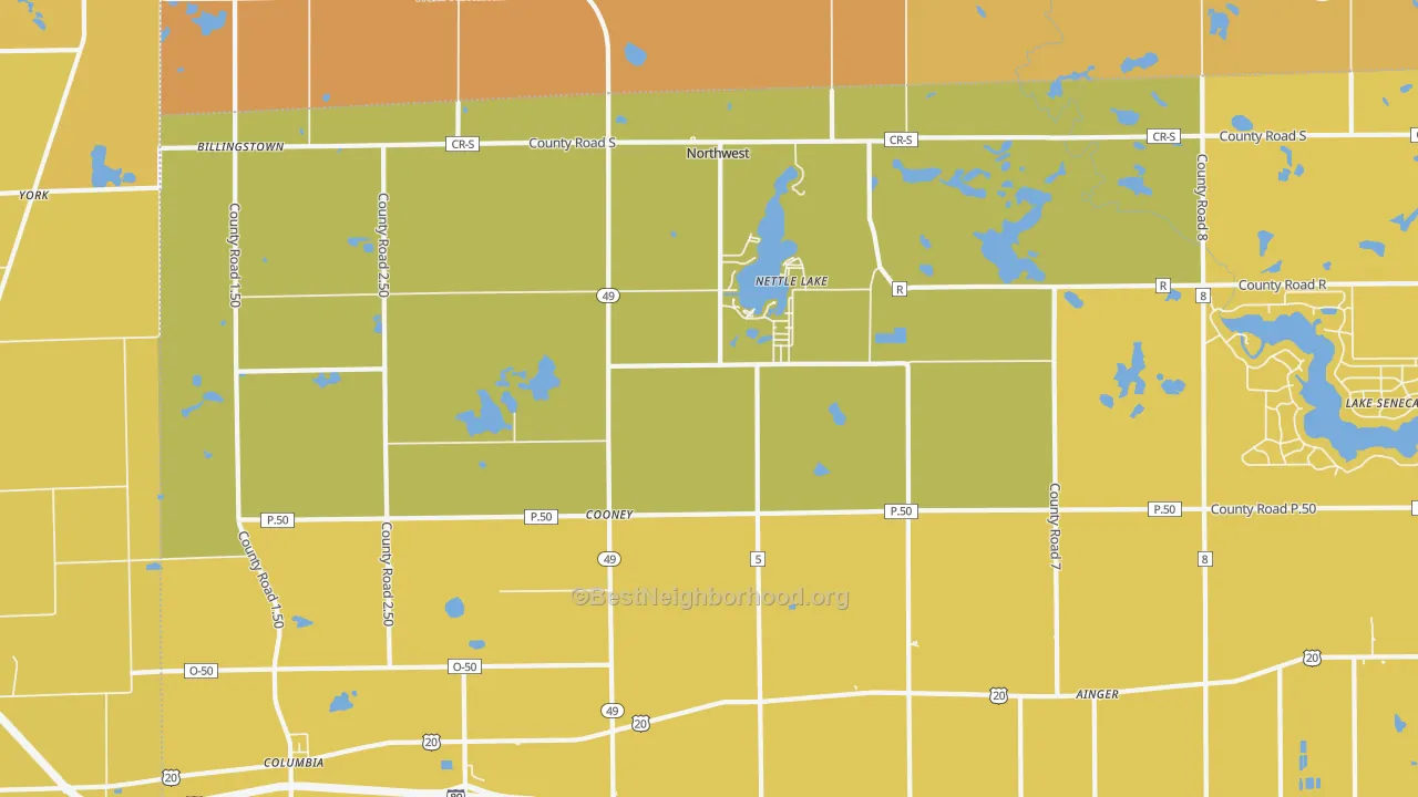 Map of the best neighborhoods in the Nettle Lake area, with better matches in green and worse matches in red