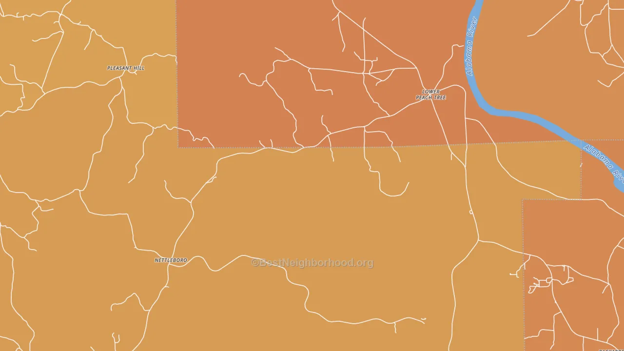 Map of the best neighborhoods in the Nettleboro area, with better matches in green and worse matches in red