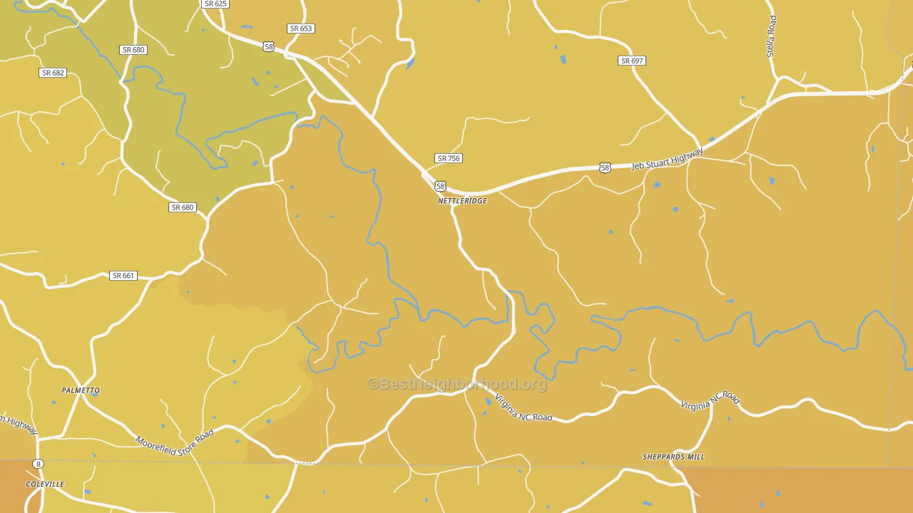 Map of the best neighborhoods in the Nettleridge area, with better matches in green and worse matches in red