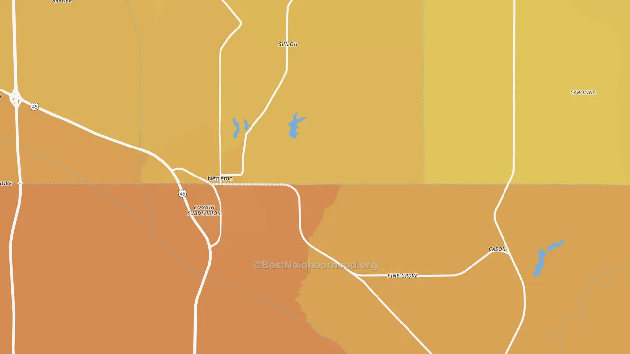 Map of the best neighborhoods in the Nettleton area, with better matches in green and worse matches in red