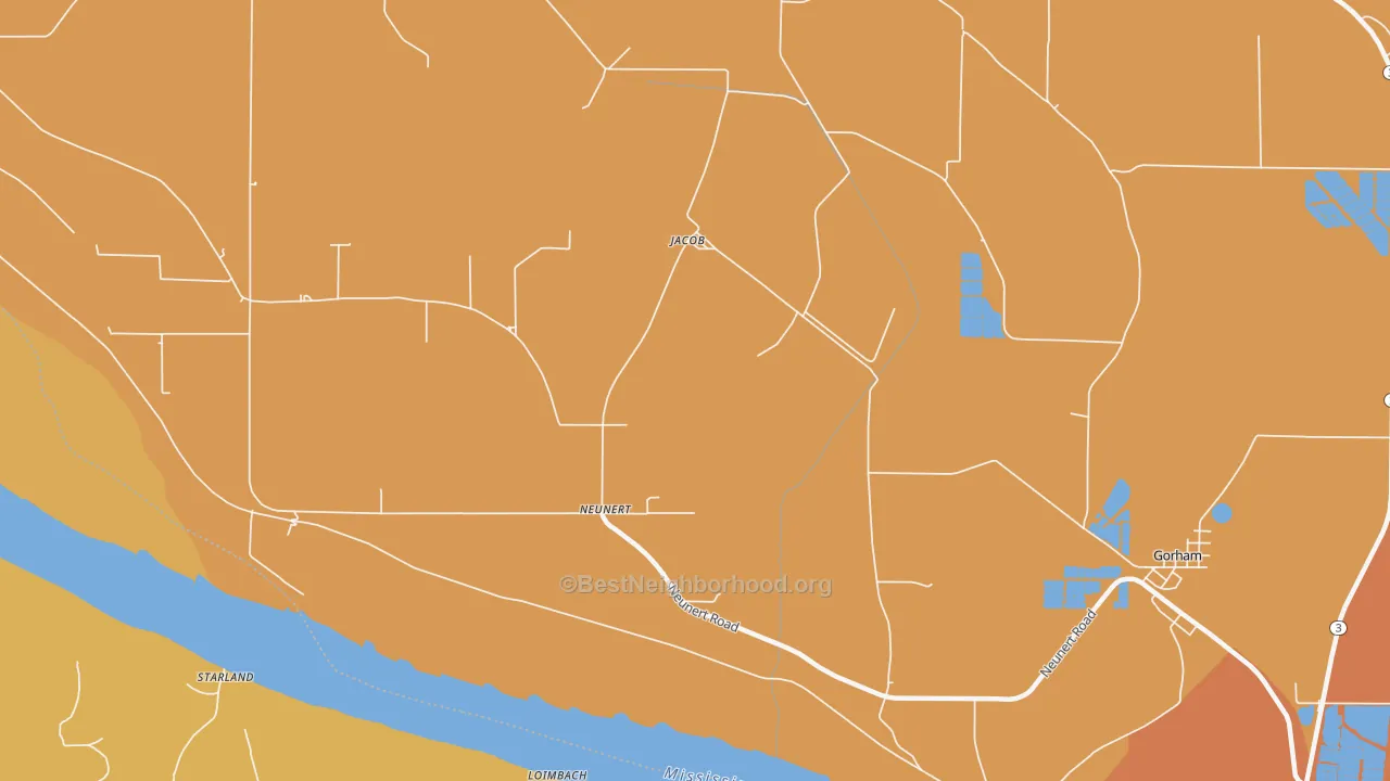 Map of the best neighborhoods in the Neunert area, with better matches in green and worse matches in red