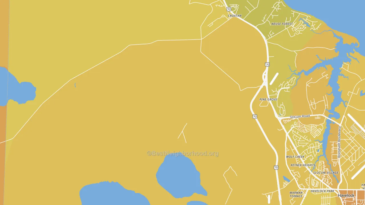 Map of the best neighborhoods in the Neuse Forest area, with better matches in green and worse matches in red