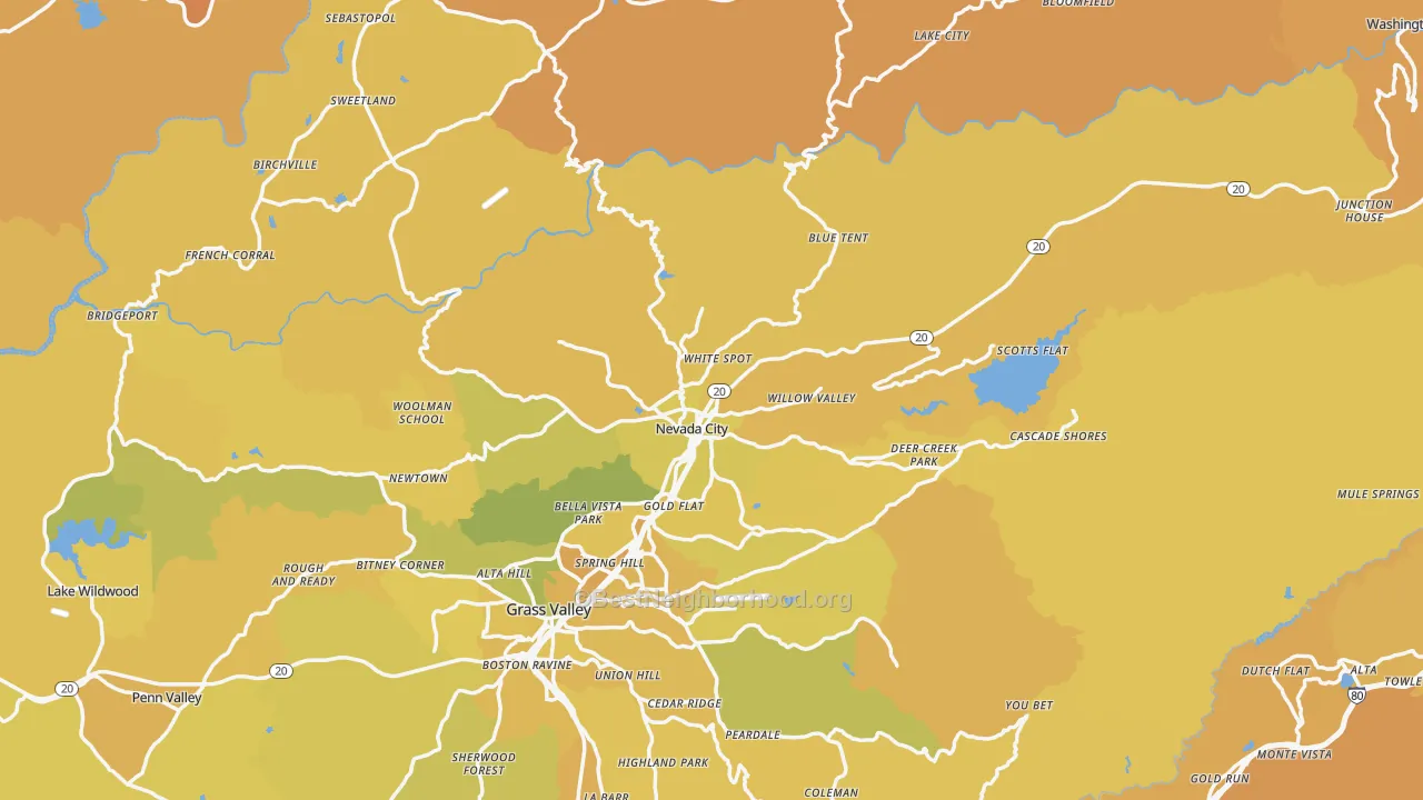 Map of the best neighborhoods in the Nevada City area, with better matches in green and worse matches in red