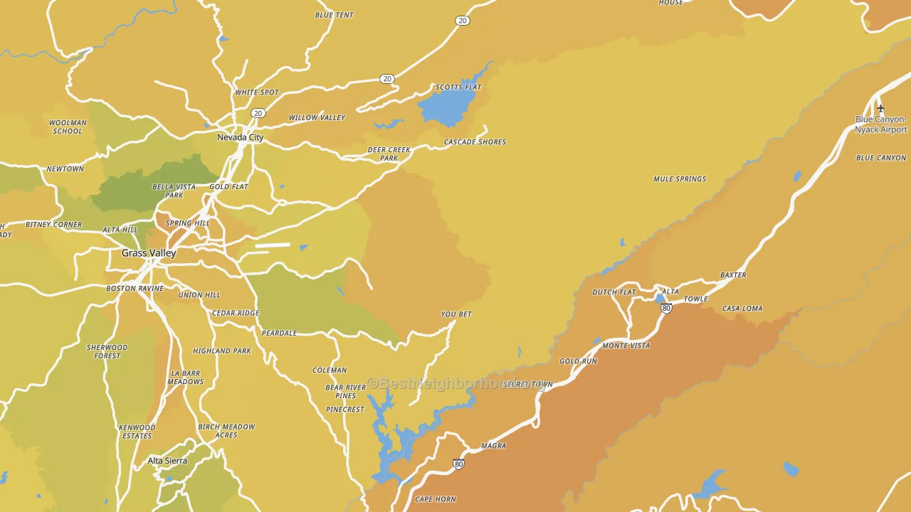 Map of the best neighborhoods in the Nevada County area, with better matches in green and worse matches in red