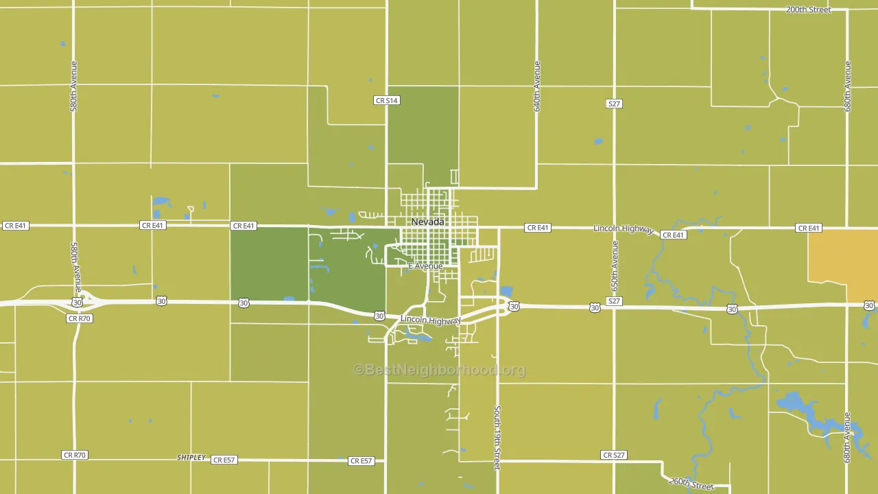 Map of the best neighborhoods in the Nevada area, with better matches in green and worse matches in red