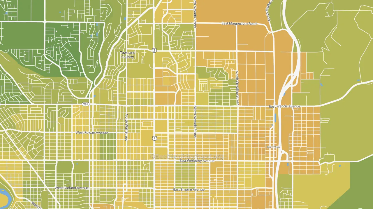 Map of the best neighborhoods in the Nevada-Lidgerwood, Spokane area, with better matches in green and worse matches in red