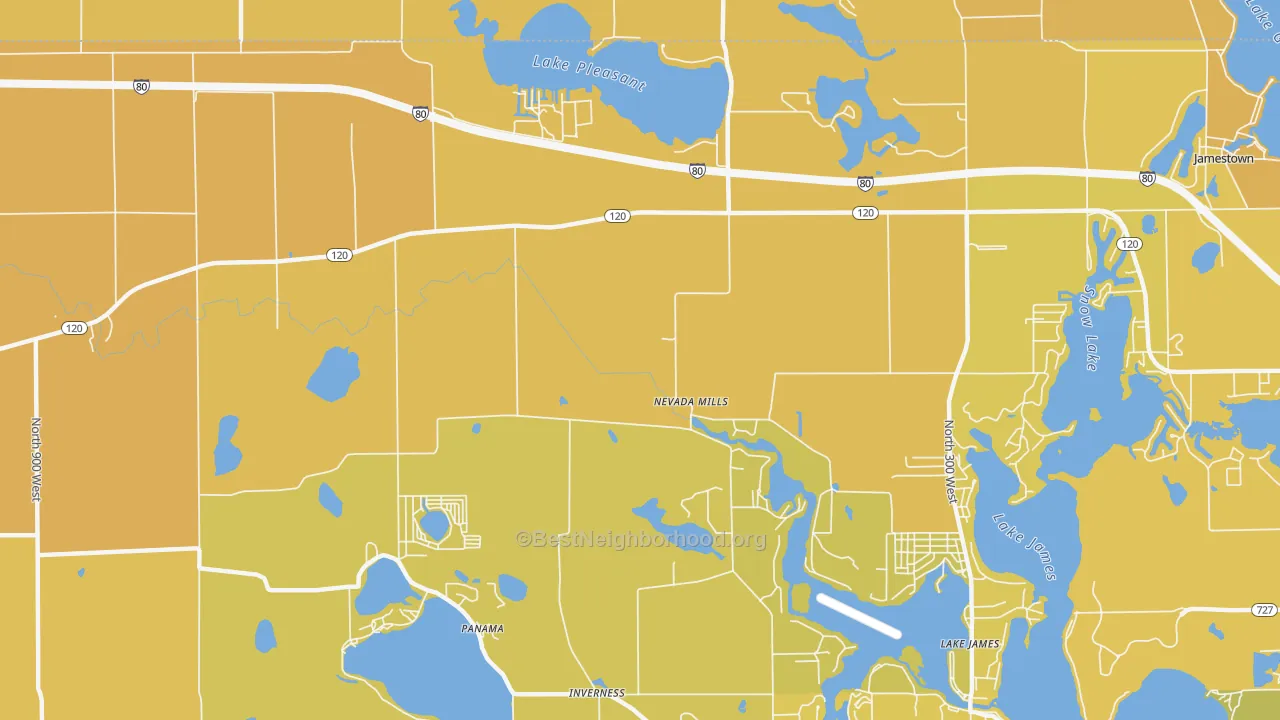 Map of the best neighborhoods in the Nevada Mills area, with better matches in green and worse matches in red