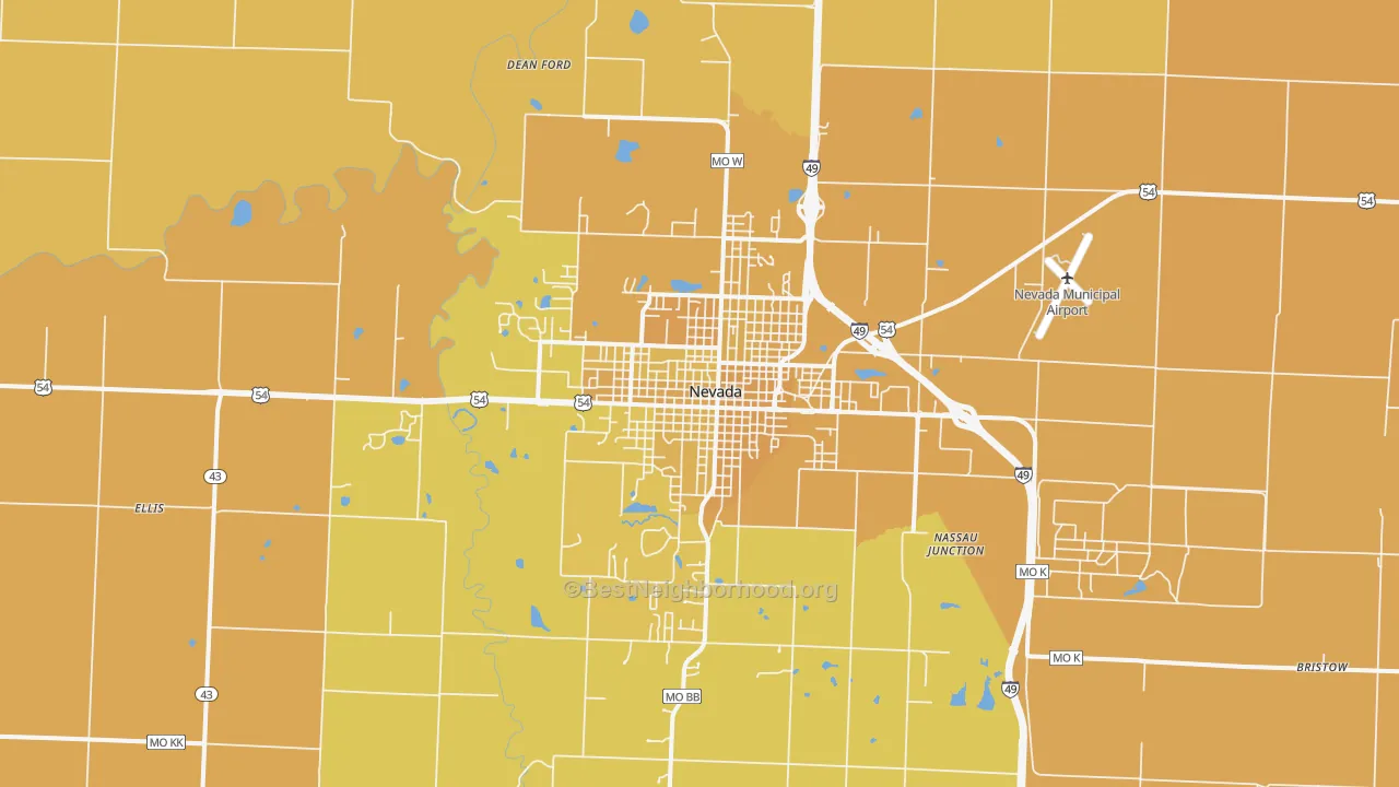 Map of the best neighborhoods in the Nevada area, with better matches in green and worse matches in red