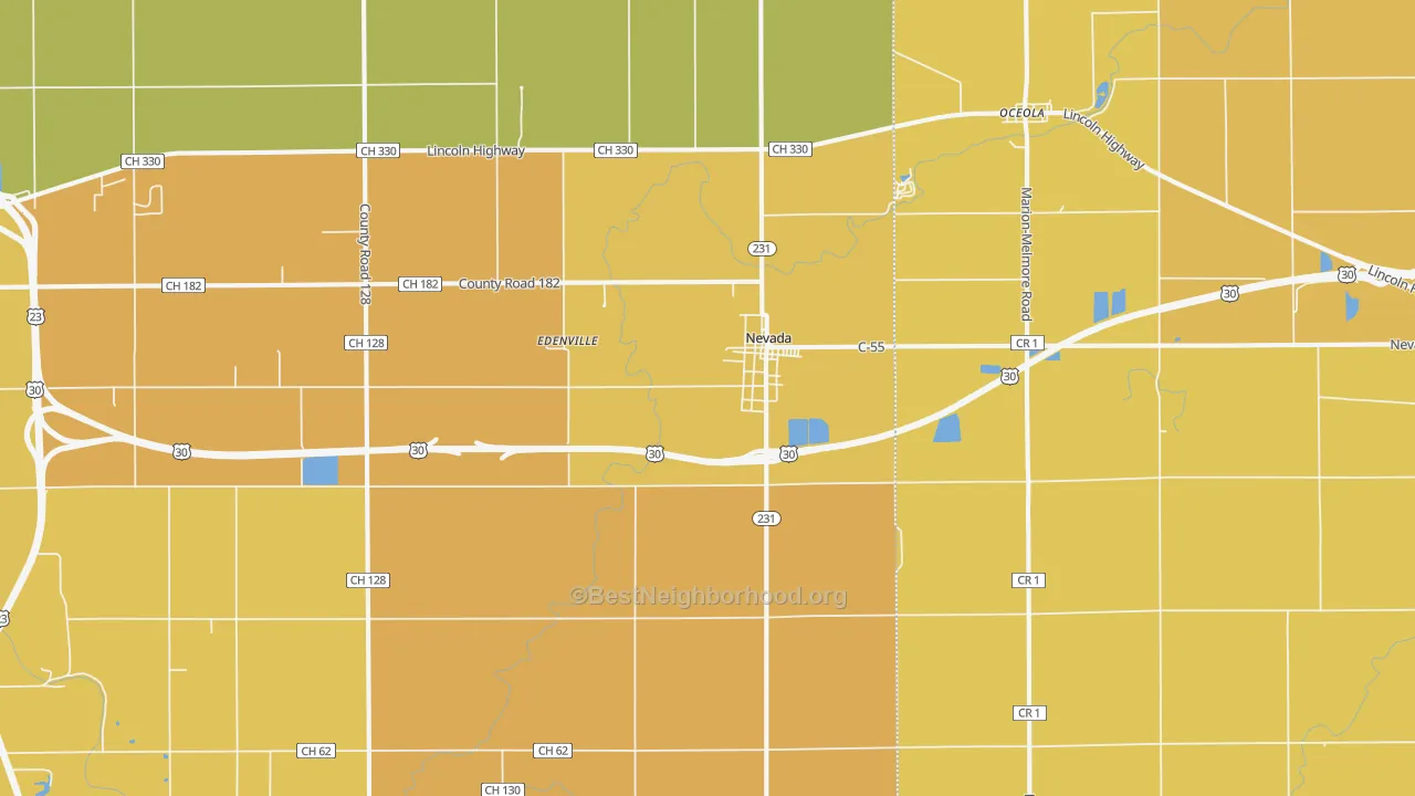 Map of the best neighborhoods in the Nevada area, with better matches in green and worse matches in red