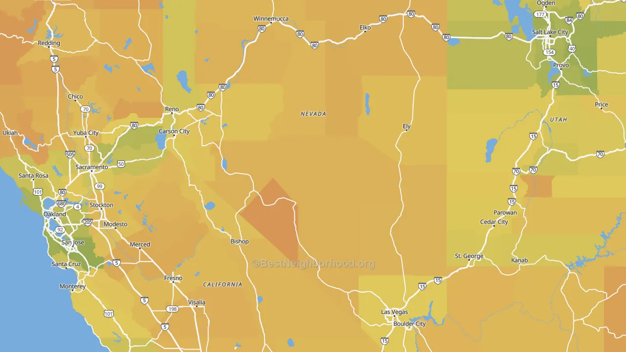 Map of the best neighborhoods in the Nevada area, with better matches in green and worse matches in red