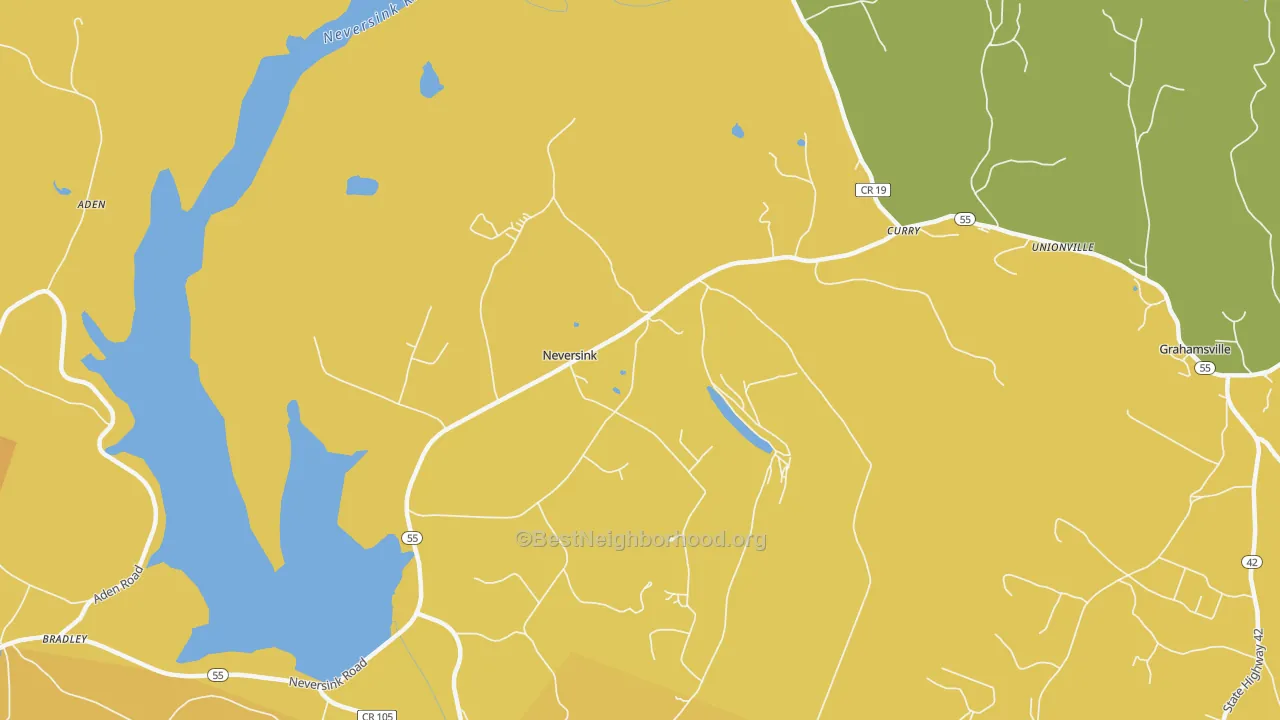 Map of the best neighborhoods in the Neversink area, with better matches in green and worse matches in red