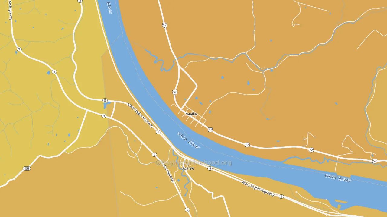 Map of the best neighborhoods in the Neville area, with better matches in green and worse matches in red