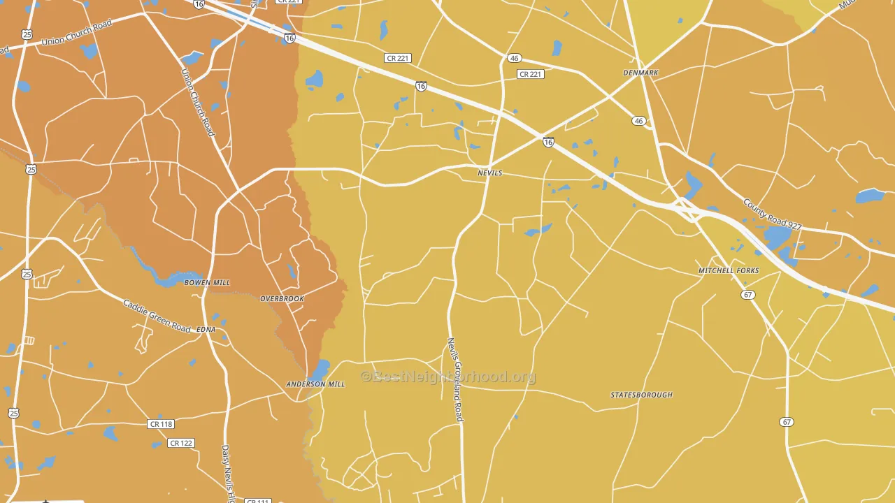Map of the best neighborhoods in the Nevils area, with better matches in green and worse matches in red