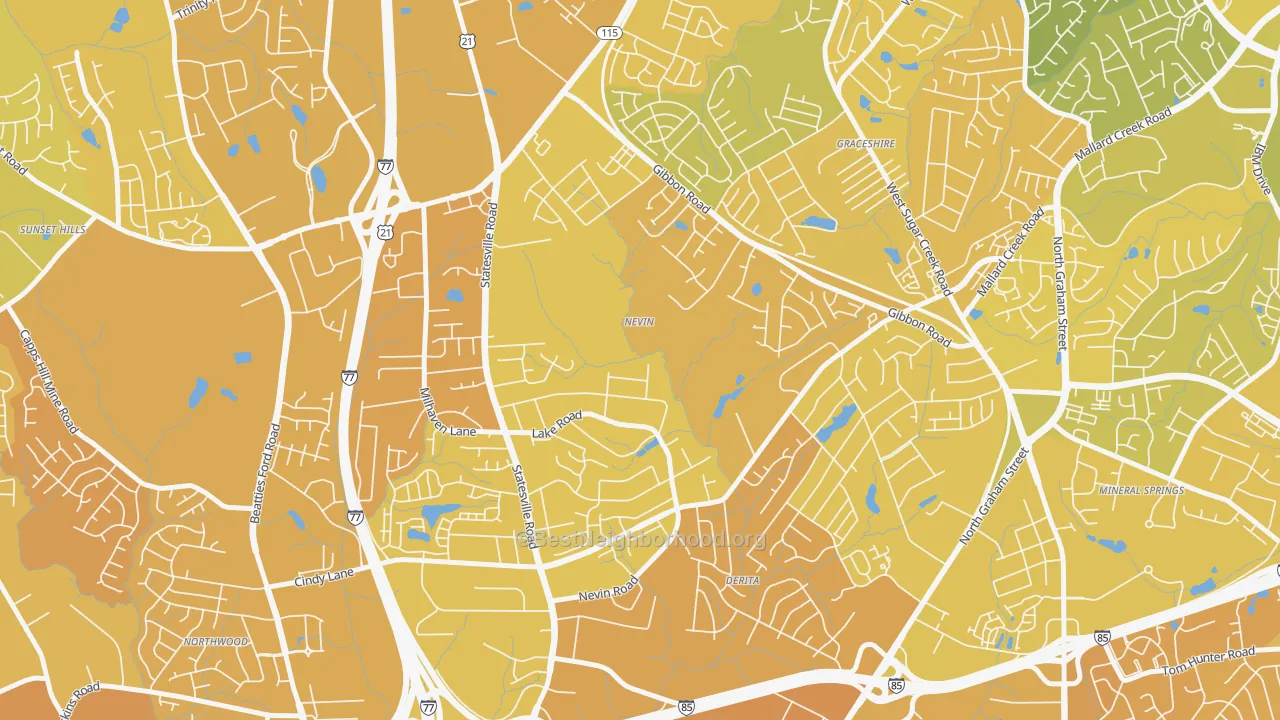 Map of the best neighborhoods in the Nevin Community, Charlotte area, with better matches in green and worse matches in red