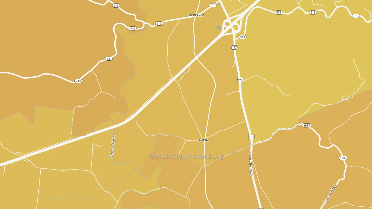 Map of the best neighborhoods in the Nevin area, with better matches in green and worse matches in red