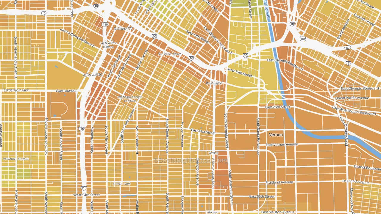 Map of the best neighborhoods in the Nevin, Los Angeles area, with better matches in green and worse matches in red