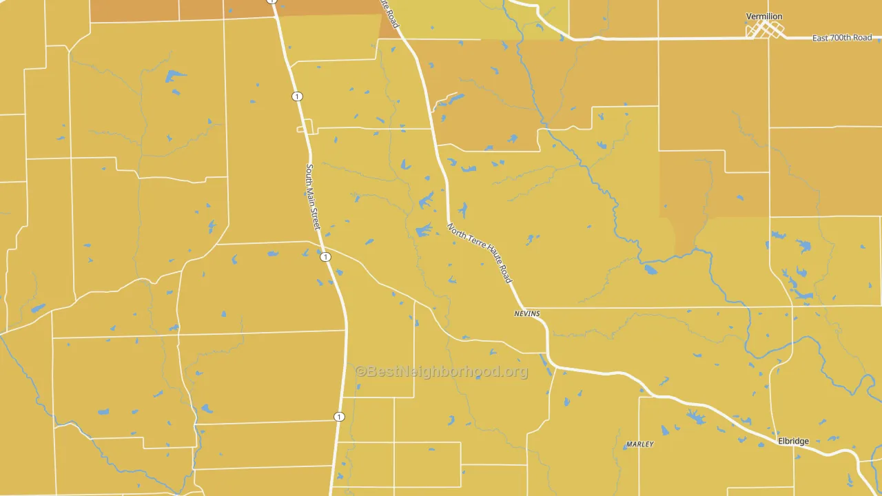 Map of the best neighborhoods in the Nevins area, with better matches in green and worse matches in red
