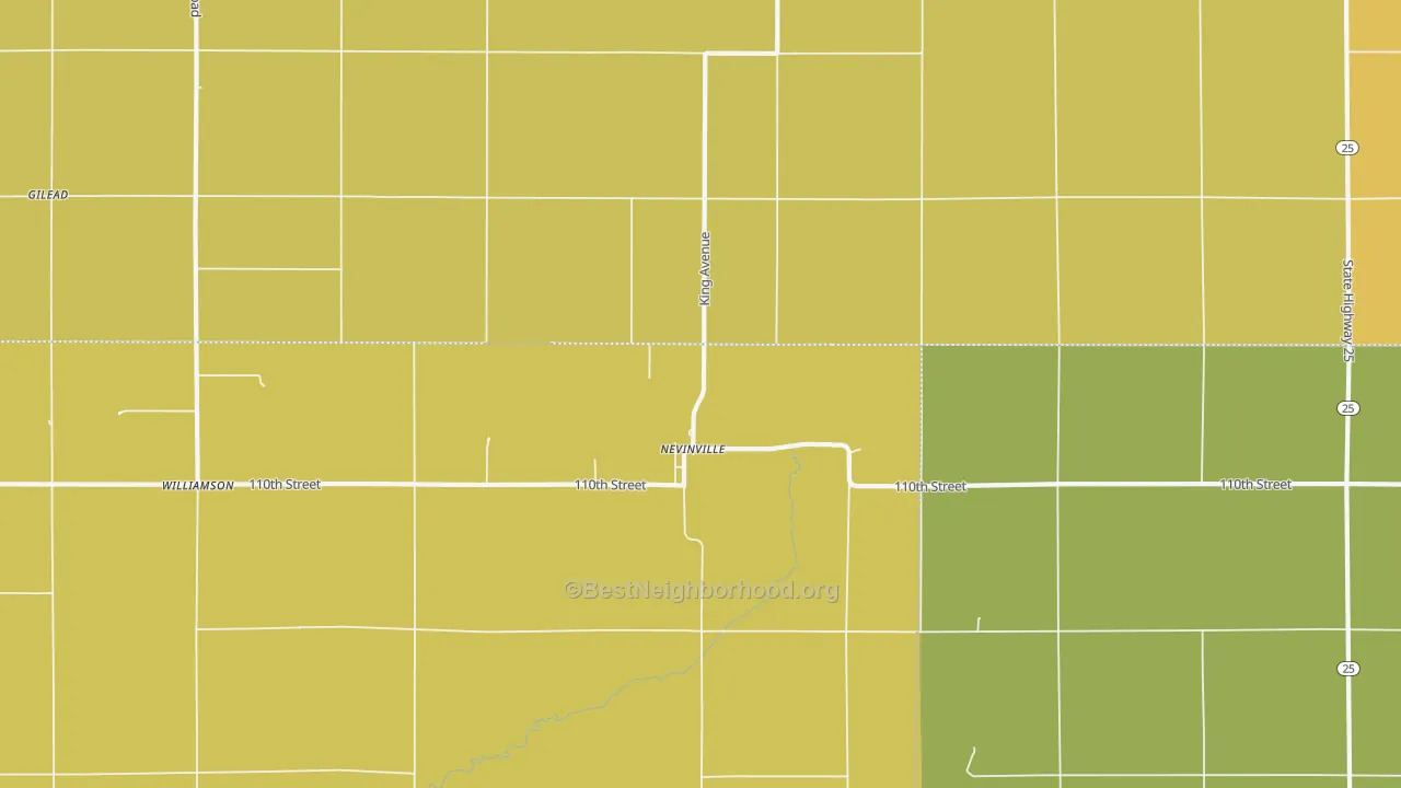Map of the best neighborhoods in the Nevinville area, with better matches in green and worse matches in red