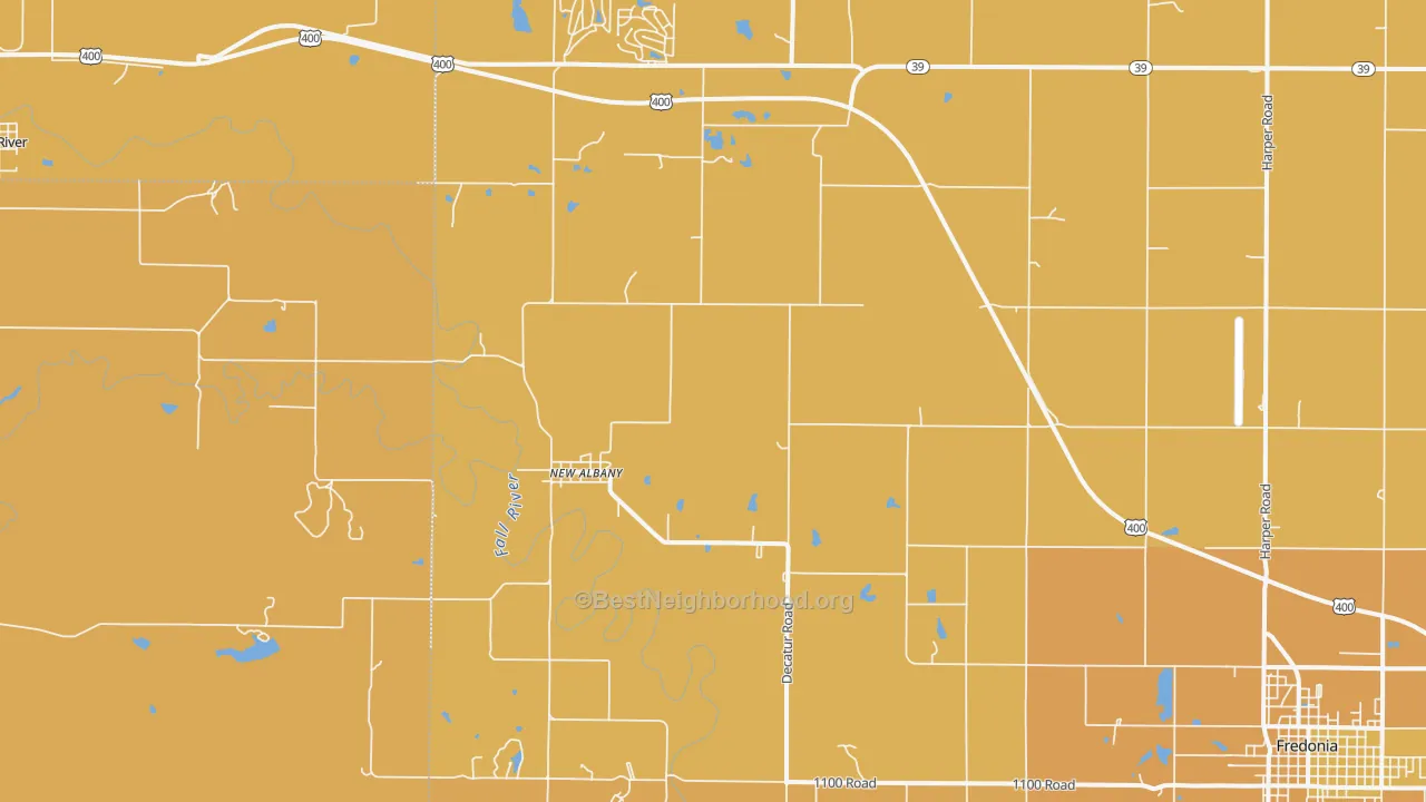 Map of the best neighborhoods in the New Albany area, with better matches in green and worse matches in red
