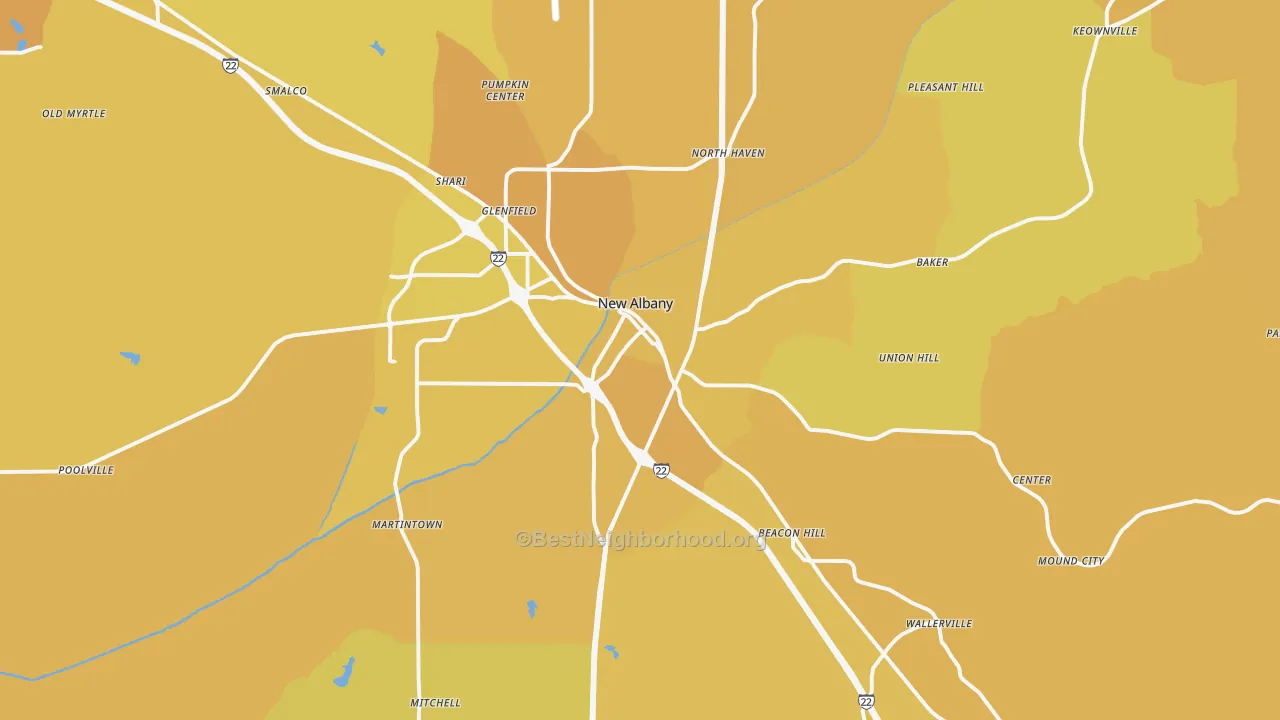 Map of the best neighborhoods in the New Albany area, with better matches in green and worse matches in red