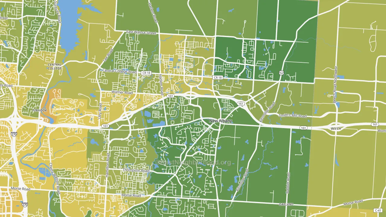 Map of the best neighborhoods in the New Albany area, with better matches in green and worse matches in red