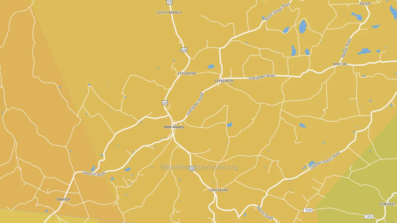 Map of the best neighborhoods in the New Albany area, with better matches in green and worse matches in red