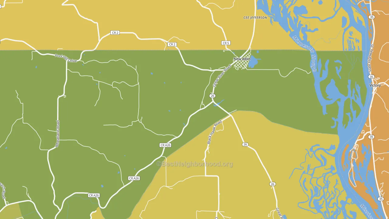 Map of the best neighborhoods in the New Albin area, with better matches in green and worse matches in red