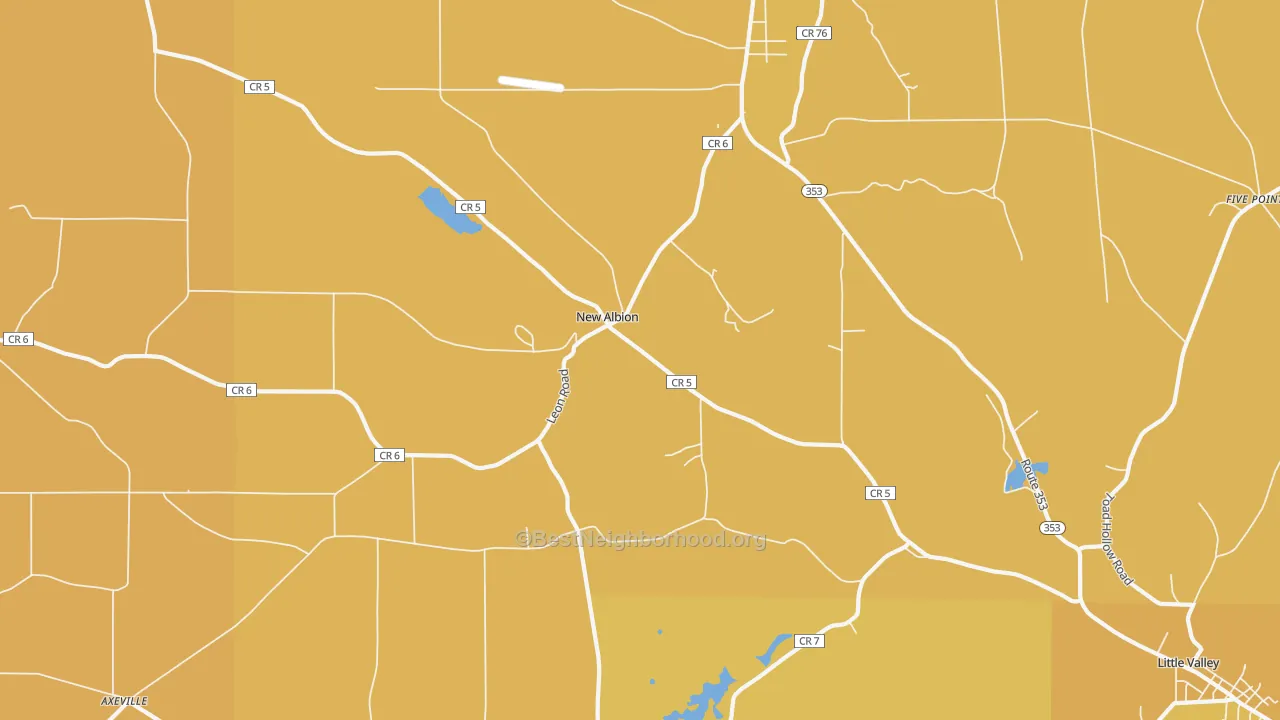 Map of the best neighborhoods in the New Albion area, with better matches in green and worse matches in red