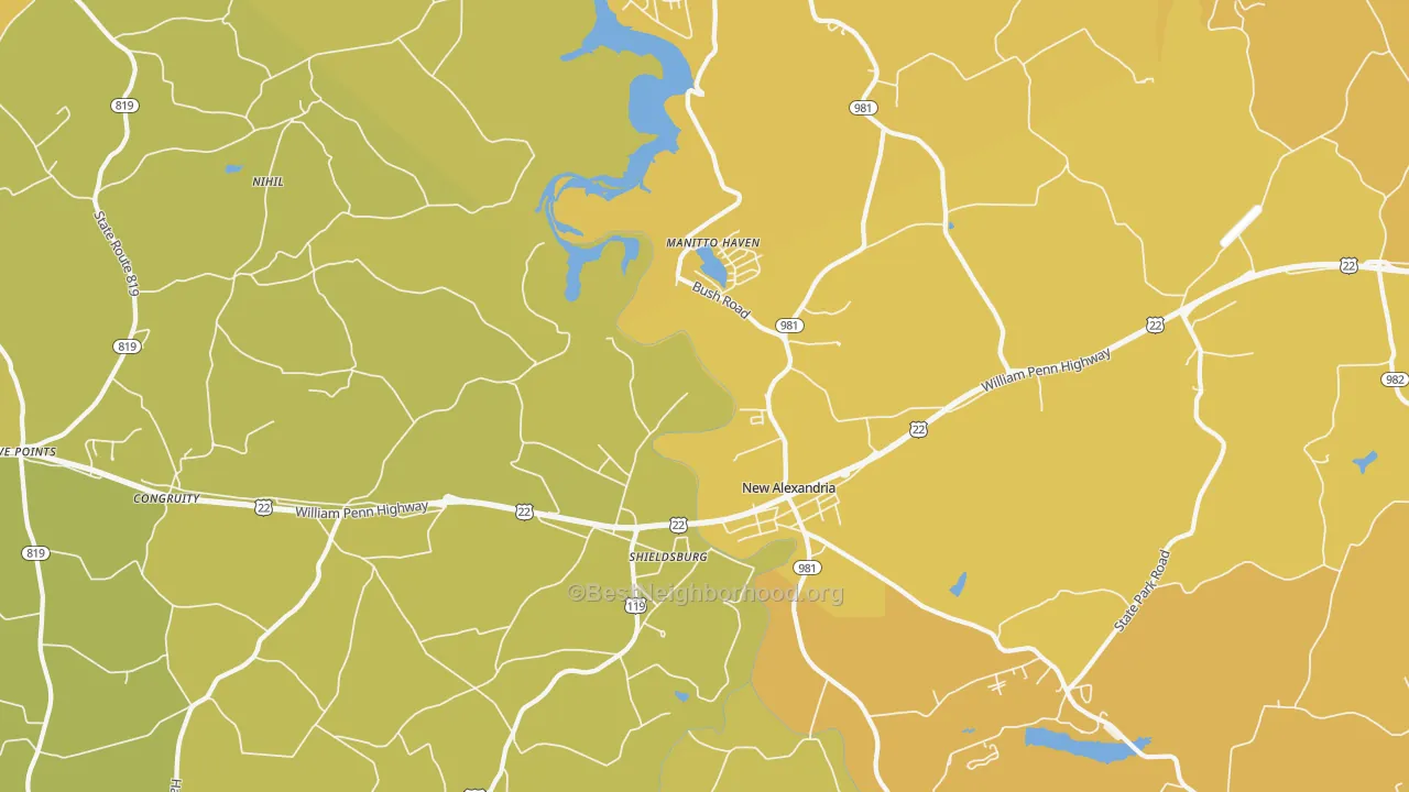 Map of the best neighborhoods in the New Alexandria area, with better matches in green and worse matches in red