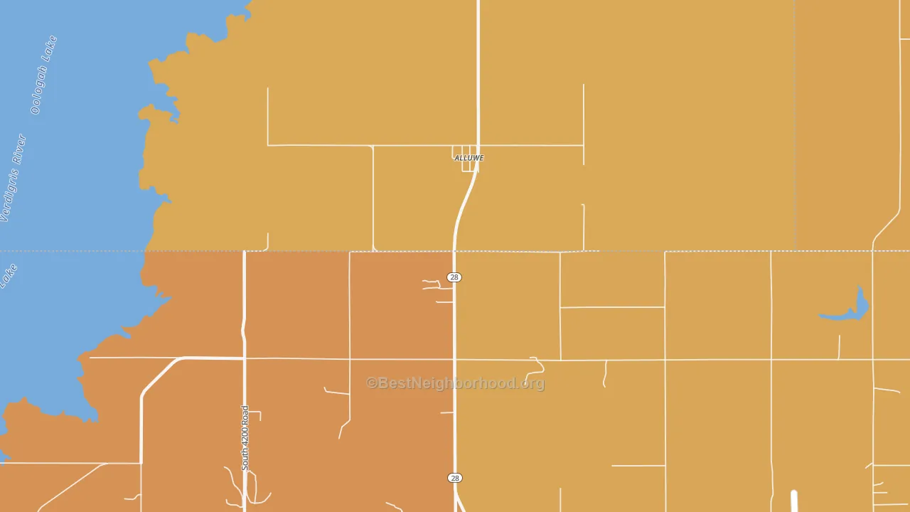 Map of the best neighborhoods in the New Alluwe area, with better matches in green and worse matches in red