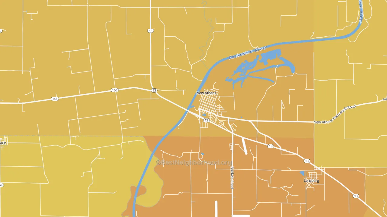 Map of the best neighborhoods in the New Athens area, with better matches in green and worse matches in red