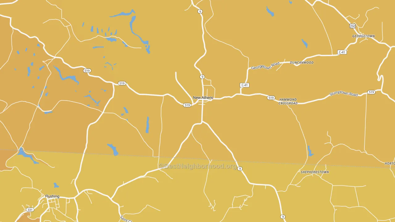 Map of the best neighborhoods in the New Athens area, with better matches in green and worse matches in red