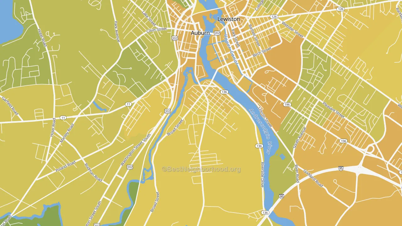 Map of the best neighborhoods in the New Auburn, Auburn area, with better matches in green and worse matches in red