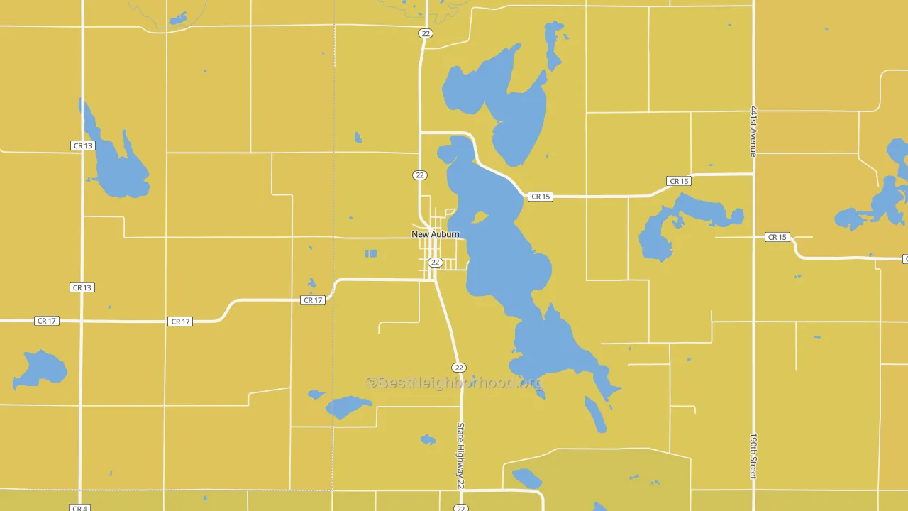 Map of the best neighborhoods in the New Auburn area, with better matches in green and worse matches in red