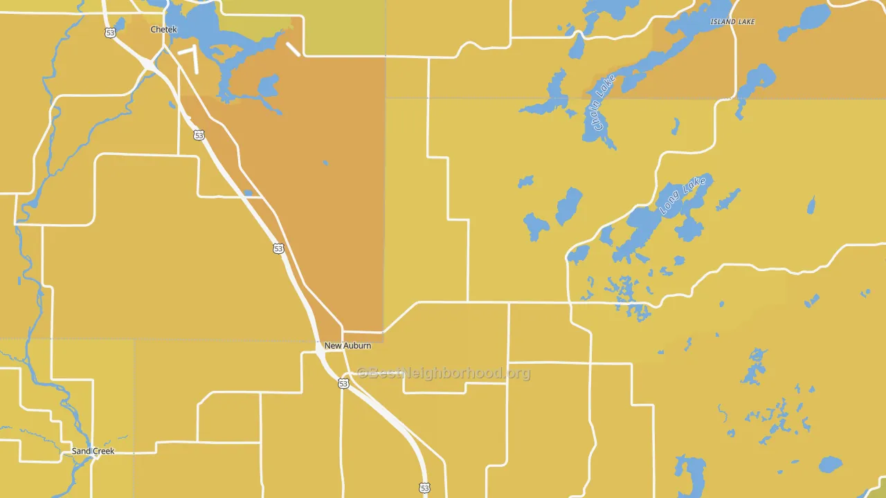 Map of the best neighborhoods in the New Auburn area, with better matches in green and worse matches in red