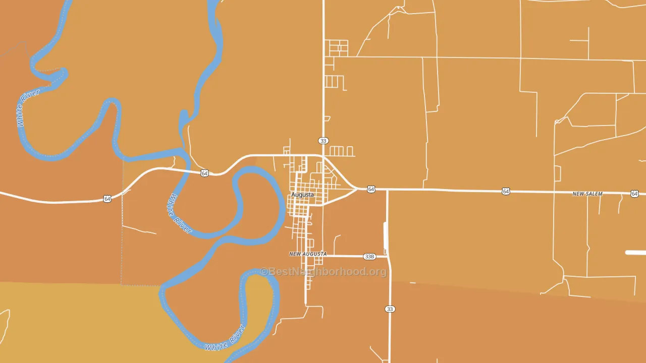 Map of the best neighborhoods in the New Augusta area, with better matches in green and worse matches in red