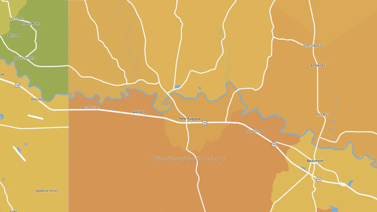 Map of the best neighborhoods in the New Augusta area, with better matches in green and worse matches in red