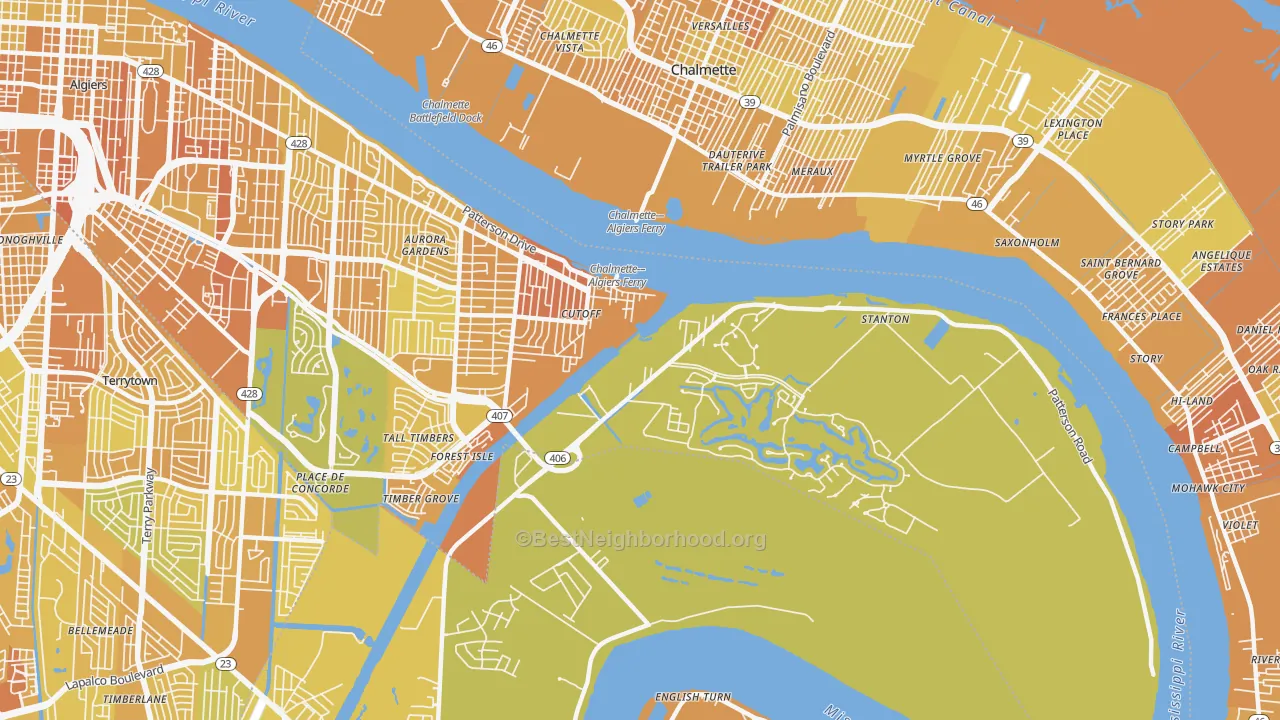 Map of the best neighborhoods in the New Aurora, New Orleans area, with better matches in green and worse matches in red