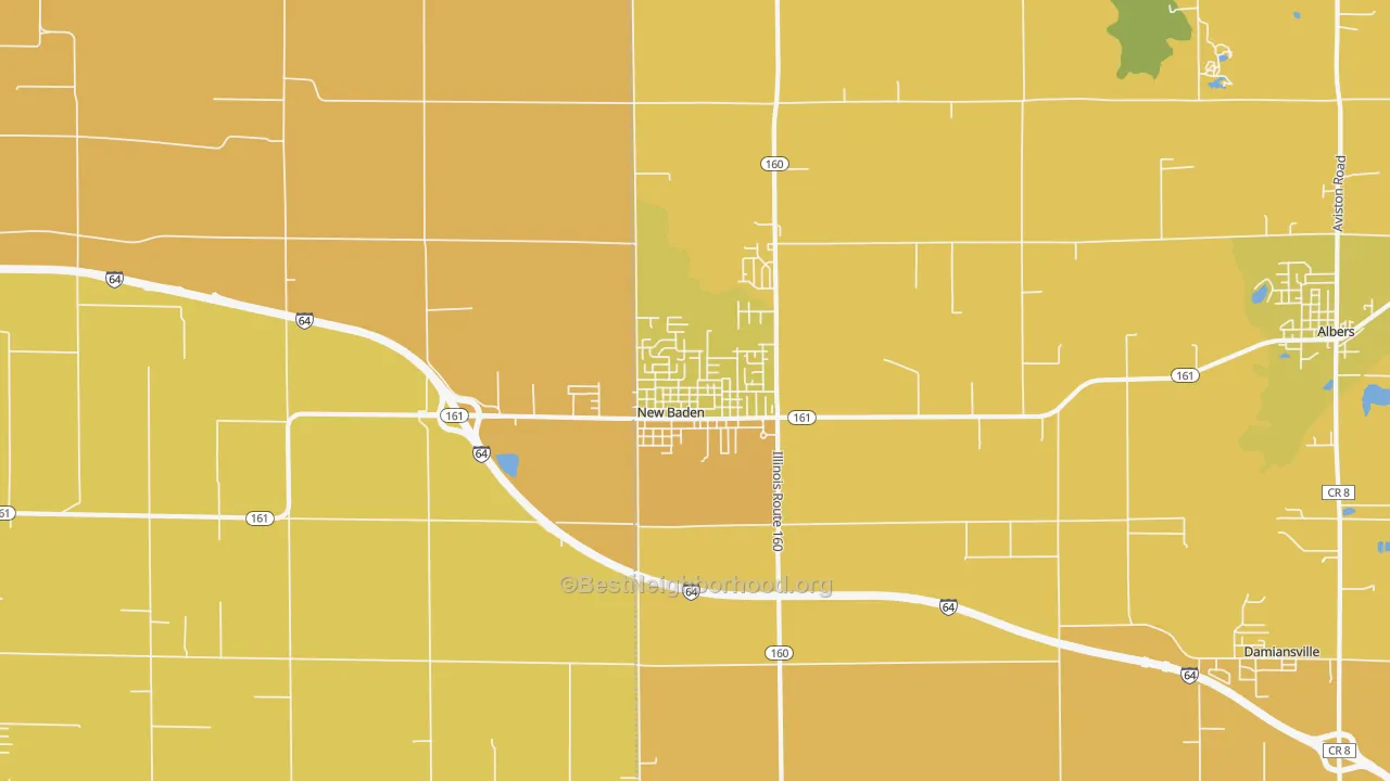 Map of the best neighborhoods in the New Baden area, with better matches in green and worse matches in red