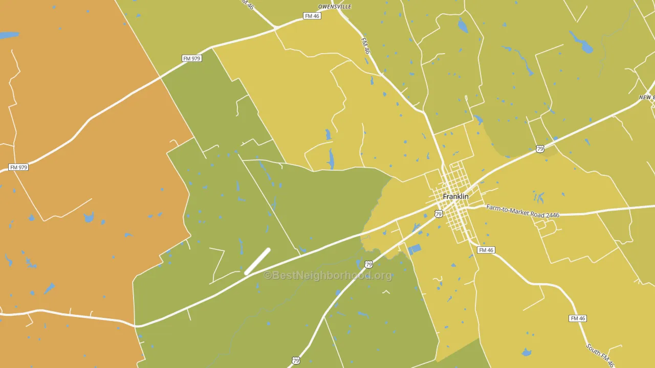 Map of the best neighborhoods in the New Baden area, with better matches in green and worse matches in red