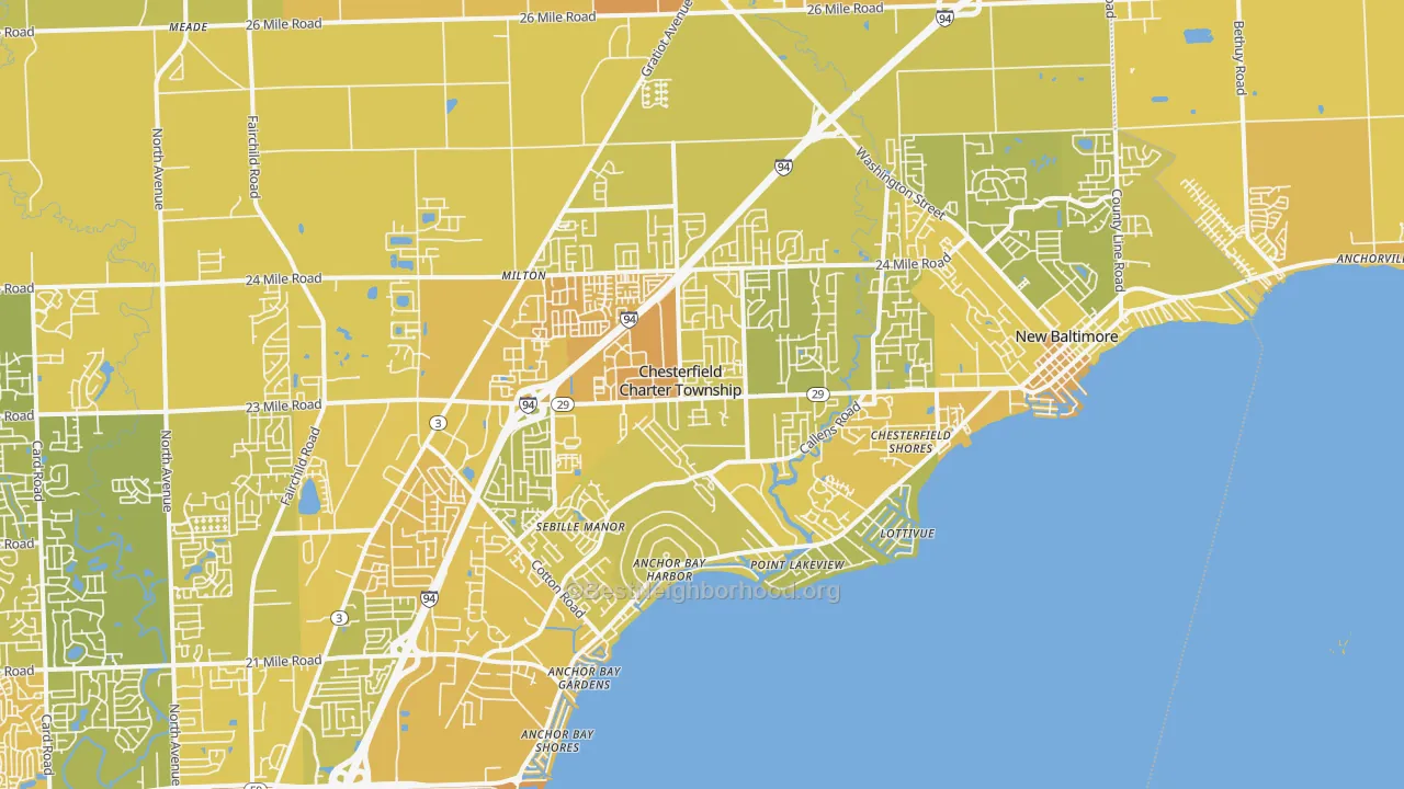 Map of the best neighborhoods in the New Baltimore area, with better matches in green and worse matches in red