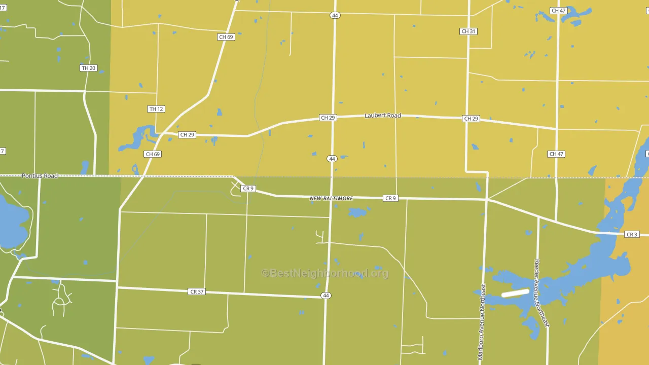 Map of the best neighborhoods in the New Baltimore area, with better matches in green and worse matches in red