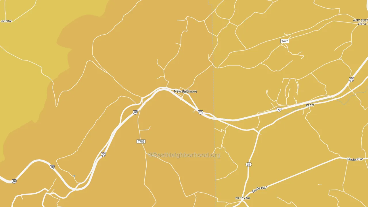Map of the best neighborhoods in the New Baltimore area, with better matches in green and worse matches in red