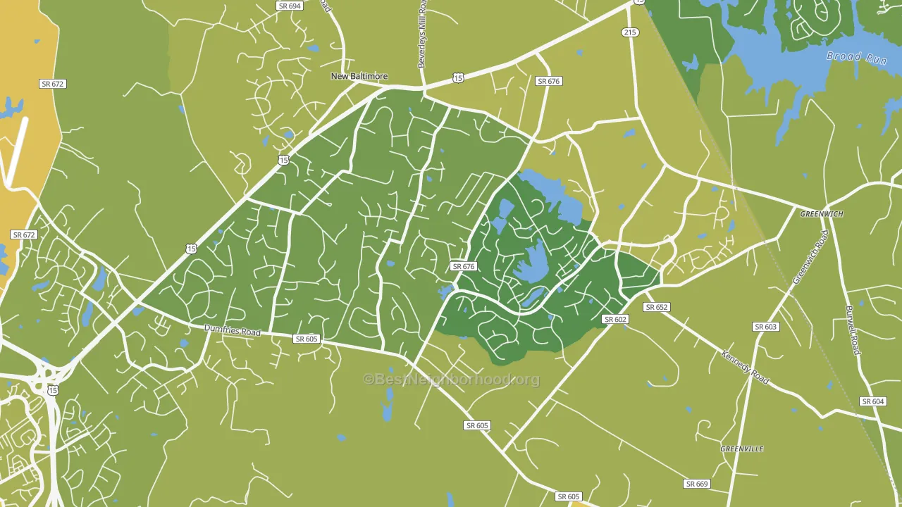 Map of the best neighborhoods in the New Baltimore area, with better matches in green and worse matches in red