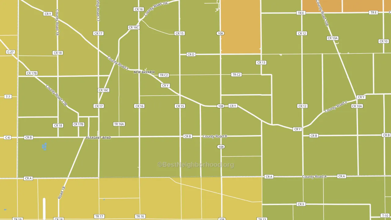 Map of the best neighborhoods in the New Bavaria area, with better matches in green and worse matches in red